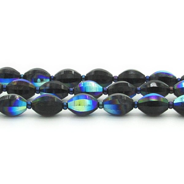 Vintage 12x8mm Faceted Oval Beads, Jet Vitrail