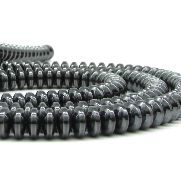 Shiny, non-magnetic hematite beads are convex rondelles measuring 9mm in diameter and 4mm thick with 0.8mm center holes.