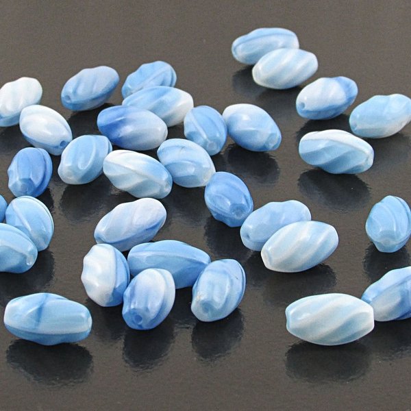 13x8mmTwisted Oval Beads, Sky Blue Czech Pressed Glass Barrels (36)