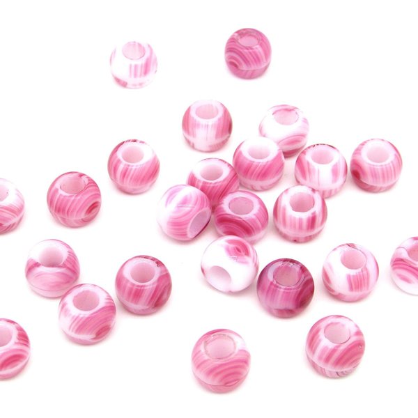 Chubby roller beads measure 9.5mm long by 12mm diameter with 5mm center holes. These Czech glass large hole rondelles are opaque white, striped and swirled randomly with dark pink. 