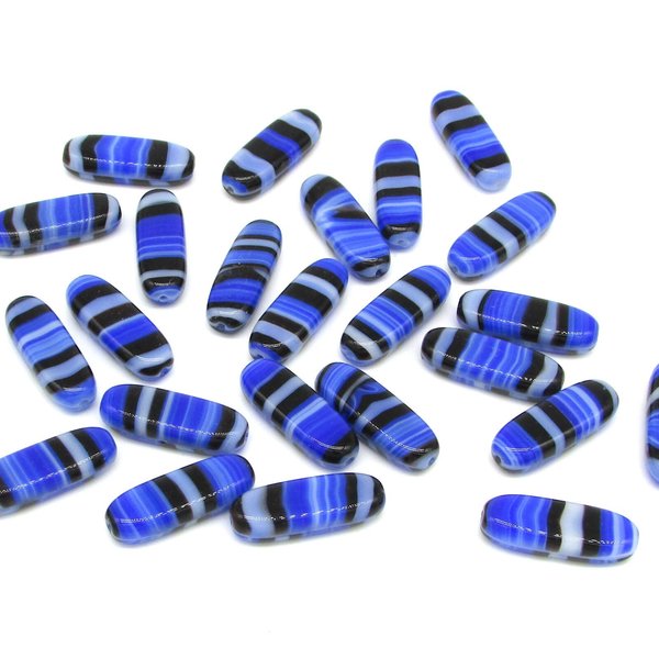 21x8mm Striped Flat Oval Glass Beads, Blue and Gray Lampwork