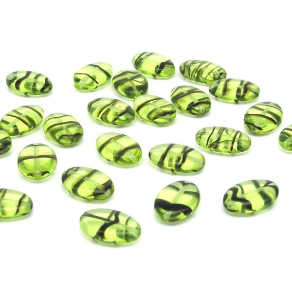 16mm Flat Oval Beads, Green and Brown Striped Glass
