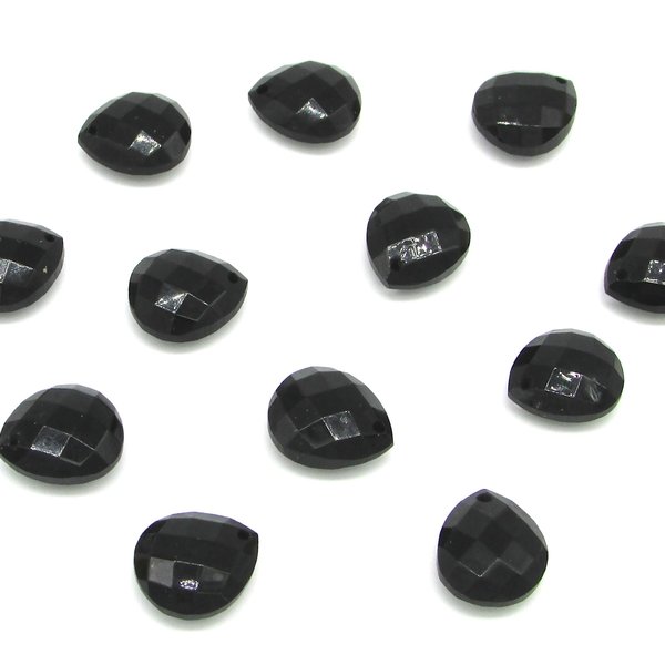 11x10mm Flat Teardrop Briolettes, Jet Black Faceted Czech Glass Beads