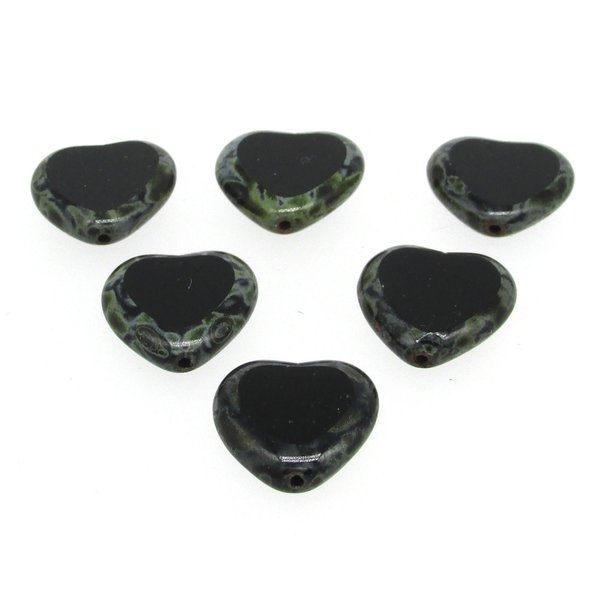 15mm Flat Hearts, Black Picasso Czech 2-Cut Window Beads (6)