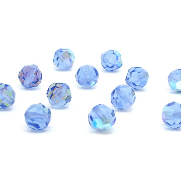 Vintage 8mm Faceted Round Beads, Light Sapphire AB Czech Machine Cut Crystal