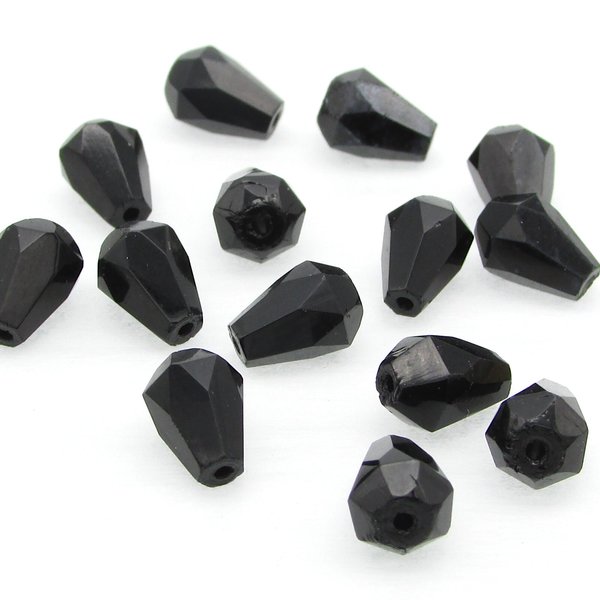 Jet Faceted Teardrop Fire Polished Glass Beads