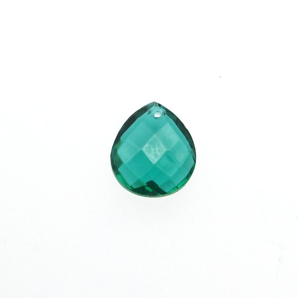 Flat, faceted emerald green briolettes are pear shaped beads measuring 11mm long by 10mm wide, with a 0.8mm front-drilled hole.