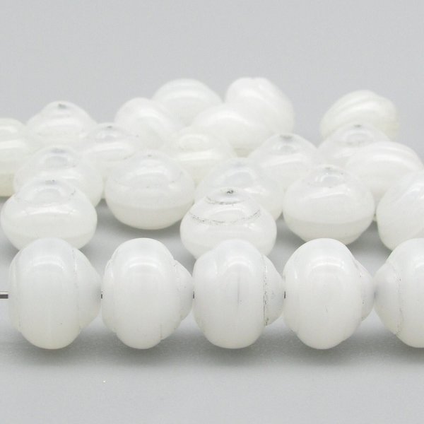 10x12mm Snail Rondelles, Alabaster White Pressed Glass Beads (25)