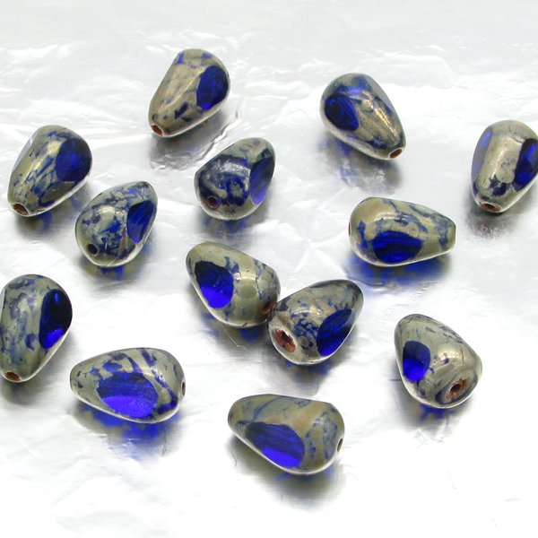 12x8mm Sapphire Picasso Teardrop 3-Cut Window Beads