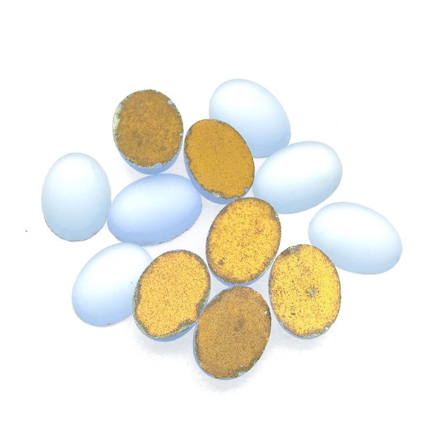 Vintage glass cabochons are frosted light sapphire blue with gold foiled backs. Oval gems measure 14mm long by 10mm wide, with a smooth 5mm dome.