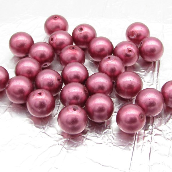 Round Glass Beads, Fuchsia Czech Faux Pearls 12mm 10mm