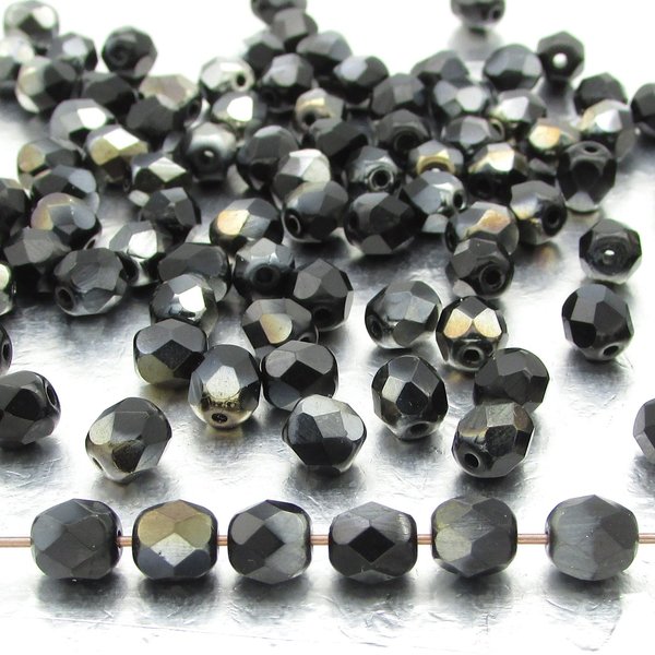 6mm Faceted Rounds, Jet Valentinite Half-Coat Glass Beads