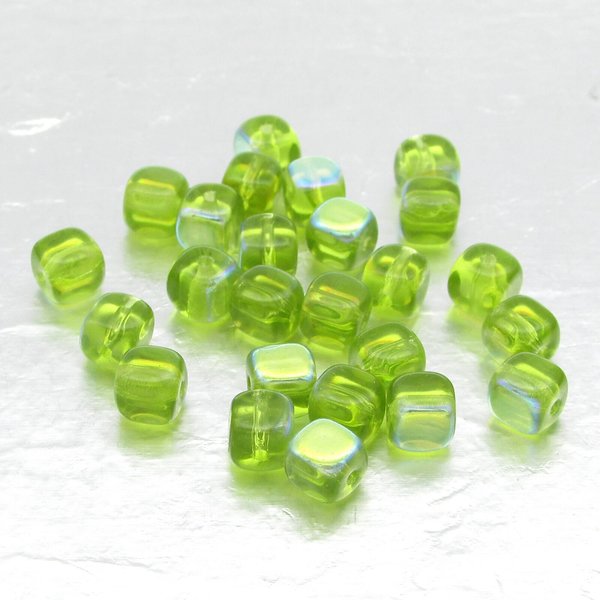 5mm Cube Beads, Olivine AB Small Czech Pressed Glass Spacers
