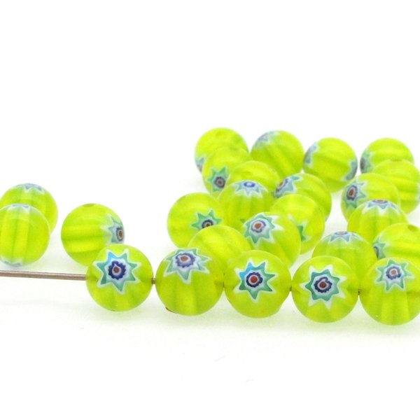 8mm Ball Millefiori Beads, Yellow with Teal (25)