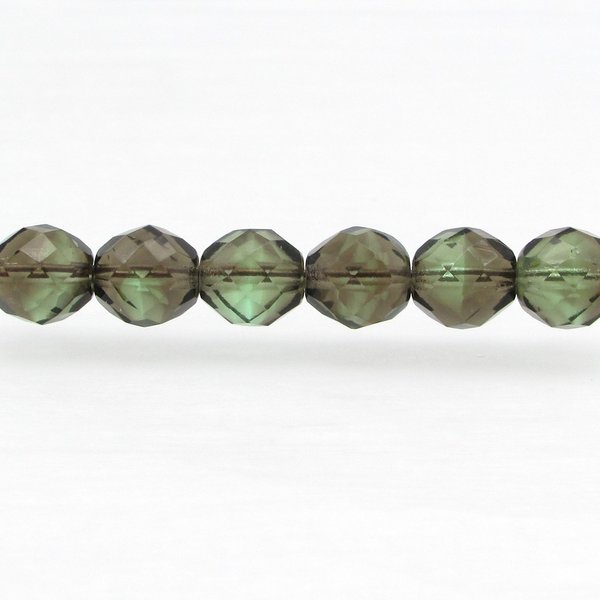 10mm round faceted glass beads are 2-tone translucent peridot green and earthy brown. Center drilled holes are approximately 1mm. 