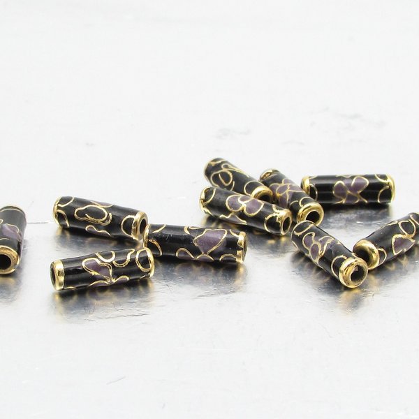 12x4mm Tube Beads, Black Cloisonne with Lavender Flowers (10)