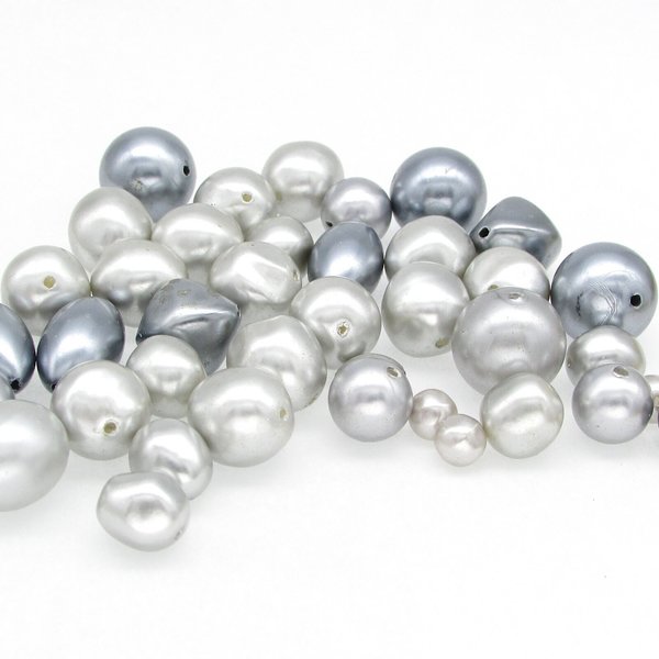 Vintage Bead Mix, Silver Plastic Faux Pearls