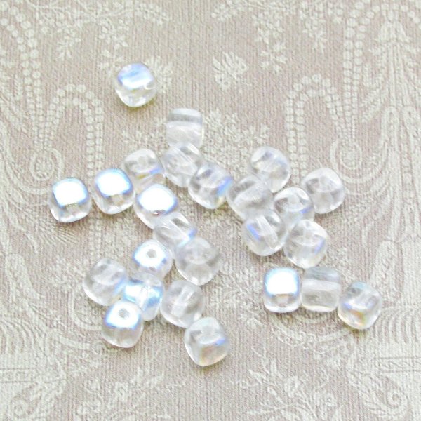 5mm Cubes, Crystal AB Small Czech Pressed Glass Beads