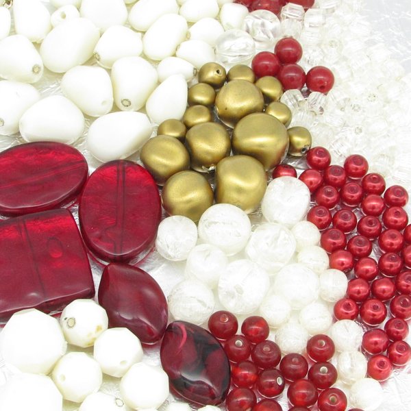 Red and White Bead Mix, Vintage Salvaged Plastic Jewelry Components  