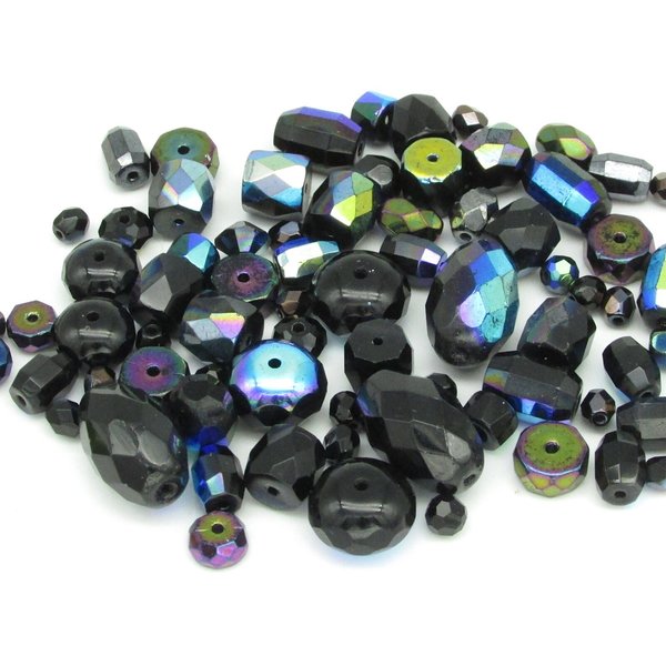 Black Bead Mixes, 4-16mm Faceted Czech Fire Polished Glass
