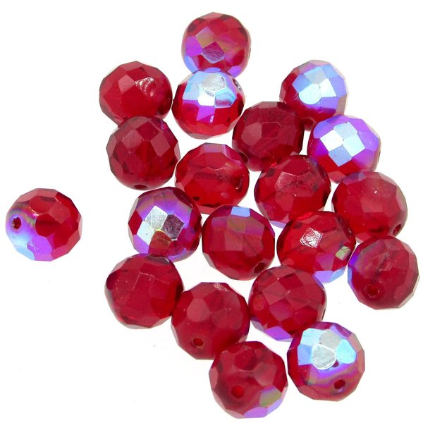 Fire polished faceted round beads measure 10mm in diameter with 1mm center holes. These translucent red glass beads were Czech Republic.  Available in Siam AB, Siam Azuro, Garnet, and Garnet AB finishes.