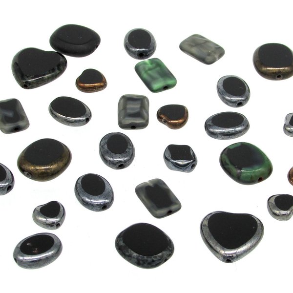 Flat Bead Mix, Opaque Black Picasso Czech Glass 2-Cut Hearts, Ovals and Rectangles