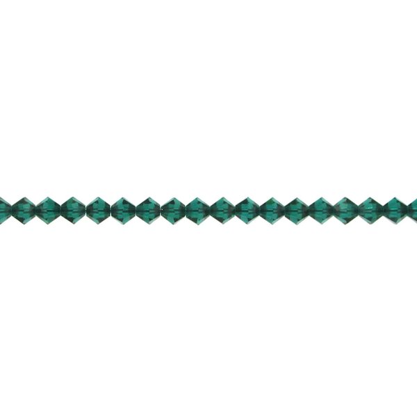 Small 4mm emerald green faceted crystal bicone beads are pointed at each end and have a hole size of approximately 0.6mm. 