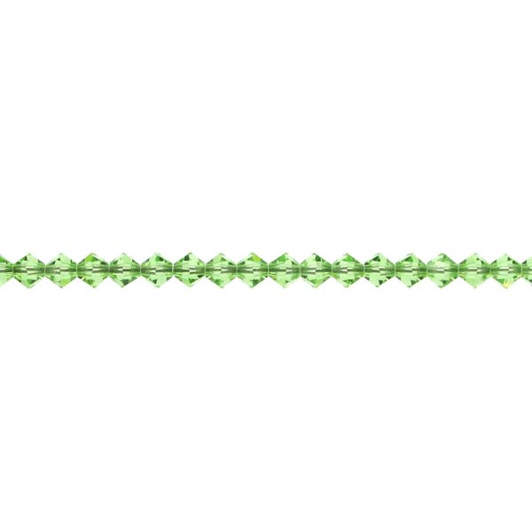 Small 4mm peridot green faceted crystal bicone beads are pointed at each end and have a hole size of approximately 0.6mm. 