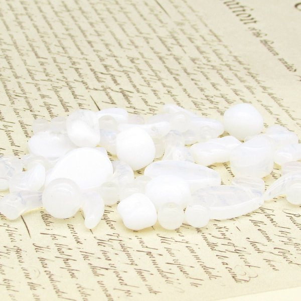 White Bead Mix, Assorted Size Opaque and Opaline Vintage Czech Pressed Glass Shapes