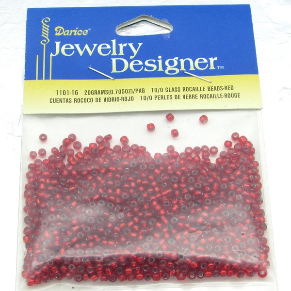 10/0 seed beads are translucent red lined with silver. Mini rocailles average 2x2.5mm with round 0.81mm holes.