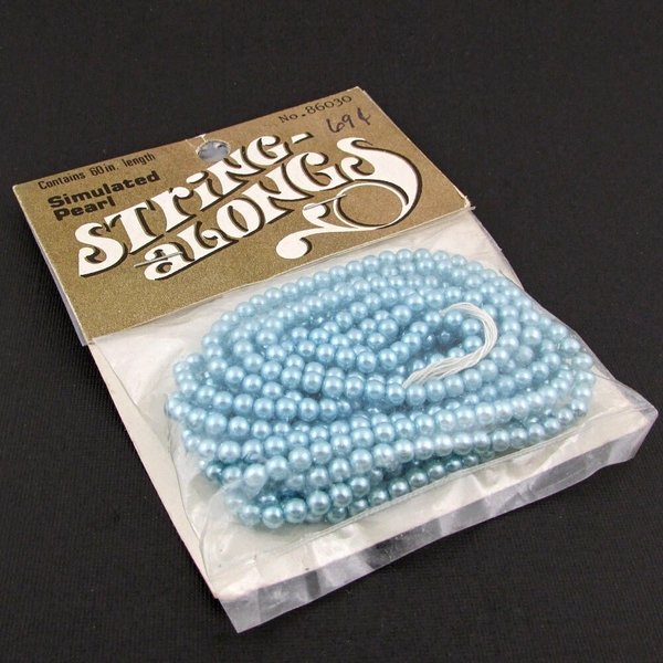 Vintage 4mm Faux Pearls, 60" Strand Round Light Blue Beads