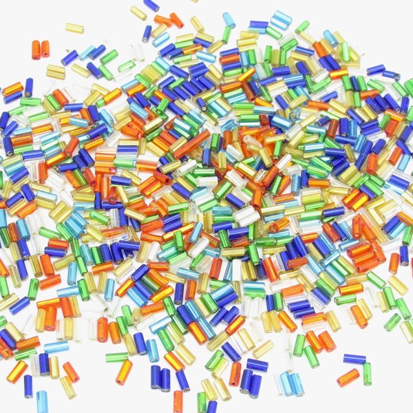 Tiny vintage bugle beads are bright translucent colors lined with silver foil. Narrow Size 2 barrels average 5x2mm with round 0.64mm holes. 