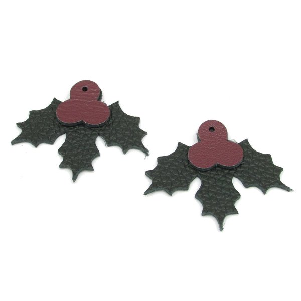 1.5" Holly Leaf and Berry Reversible Leather Cut-Outs