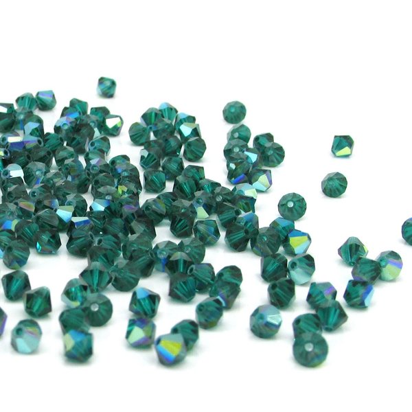 Vintage 4mm Bicone Beads, Emerald AB Machine Cut Crystal