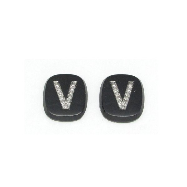 Vintage Initial Cabochon, Black Glass with Marcasite Letter, 16x15mm Flat Rounded Rectangle