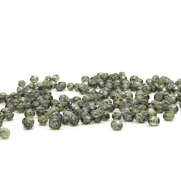 4mm Faceted Rounds, Moss Green Luminescent Czech Glass Beads (100)