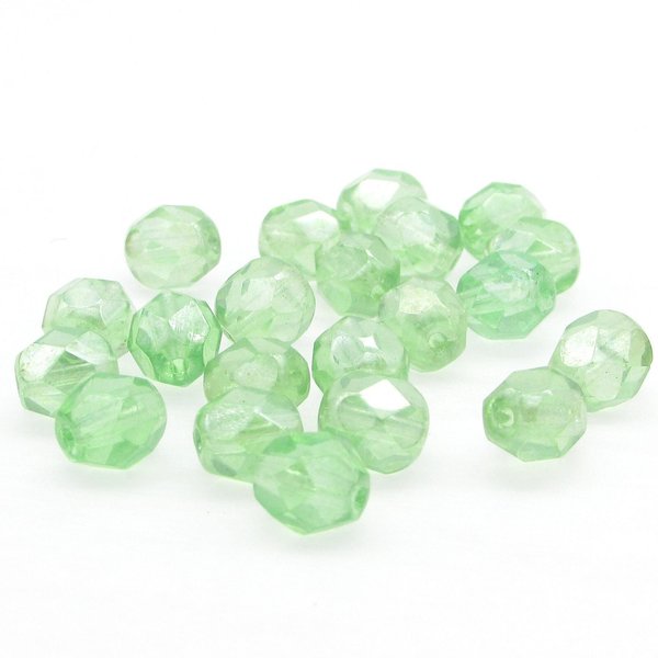 6mm Light Green Faceted Beads, Translucent Peridot AB Iridescent Czech Fire Polished Glass Rounds (25)