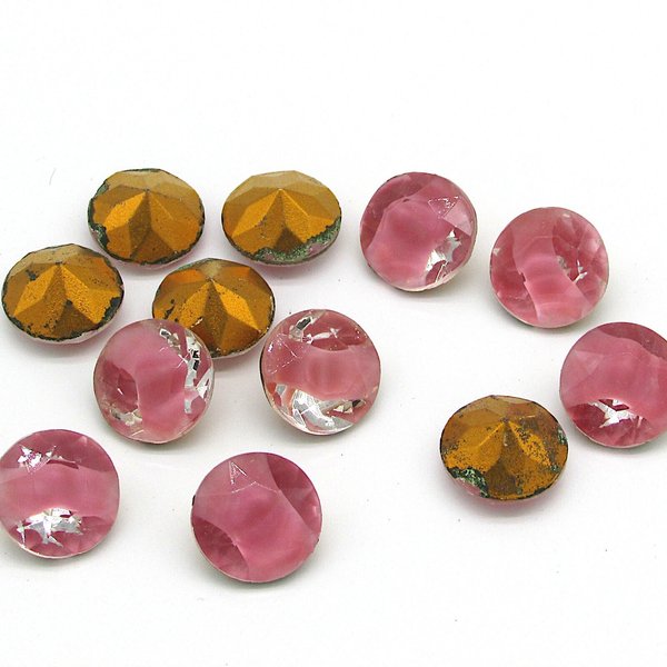 60ss Rose Pink Givre Rhinestone Dentelles, Vintage 14mm Faceted 2-Tone Point Back Glass Gems (12)