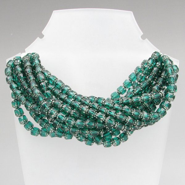 6mm Faceted Cathedral Beads, Translucent Emerald Green with Silver Etched Crowns, Czech Fire Polished Barrels