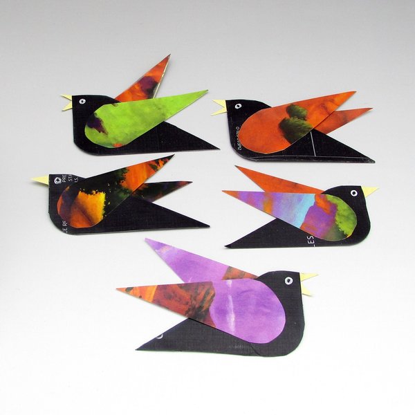 Paper Collage Birds Set of 5 Junk Journal Ephemera, Whimsical Scrapbook Embellishments