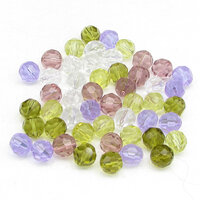Five-color mix of ten millimeter faceted round glass beads (shades of green, yellow, pink, purple, and clear).
