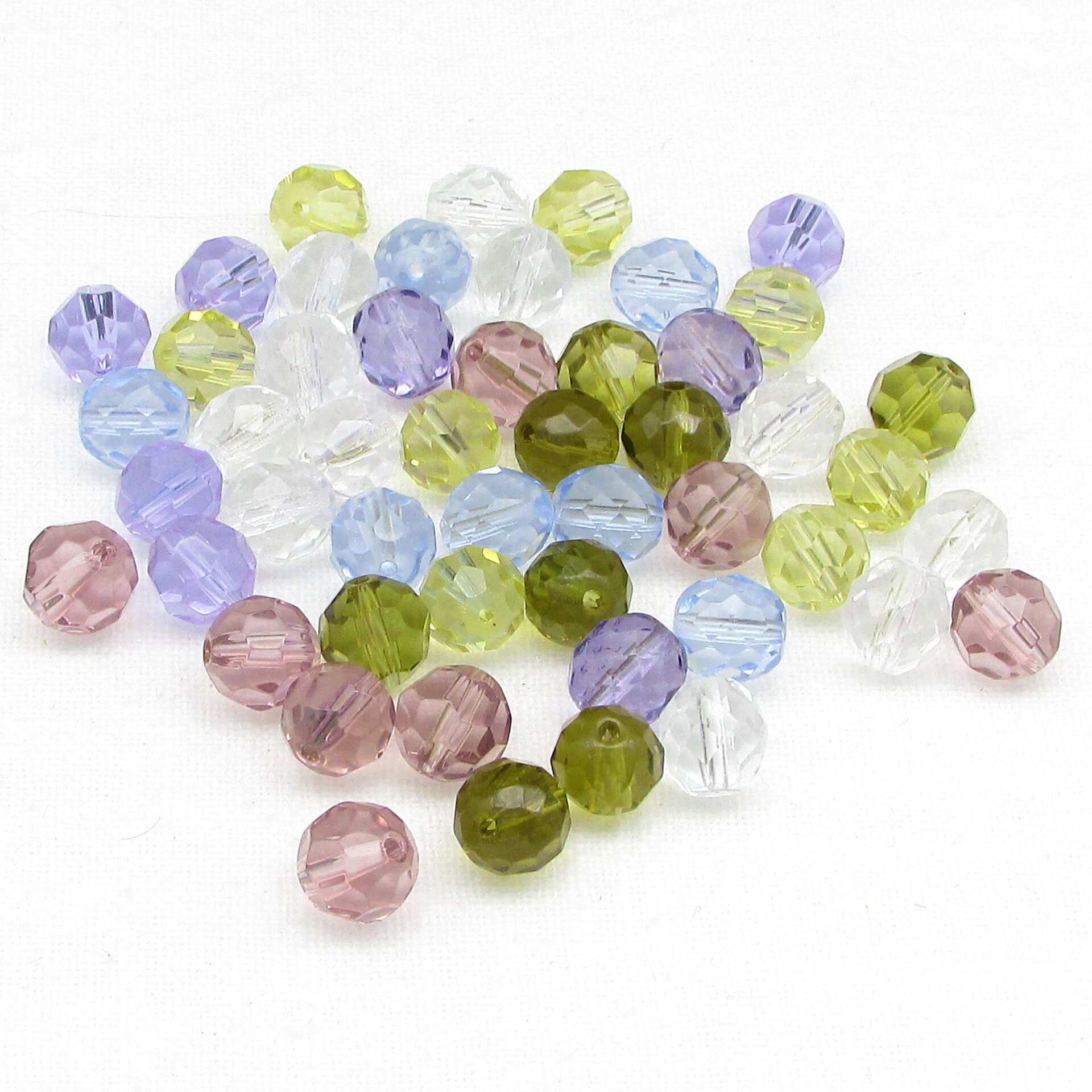 Six-color mix of ten millimeter faceted round glass beads (shades of blue, green, yellow, pink, purple, and clear).