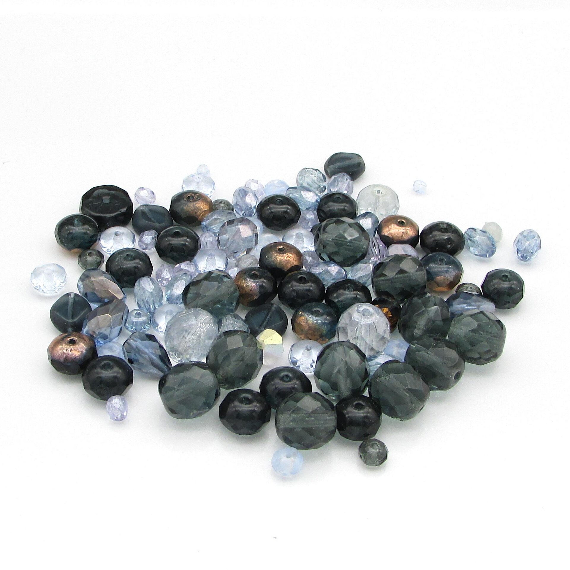 Montana blue bead mix has 95 assorted Czech fire polished beads in shades of smoky blue-gray, pale sapphire blue, and crystal. 
