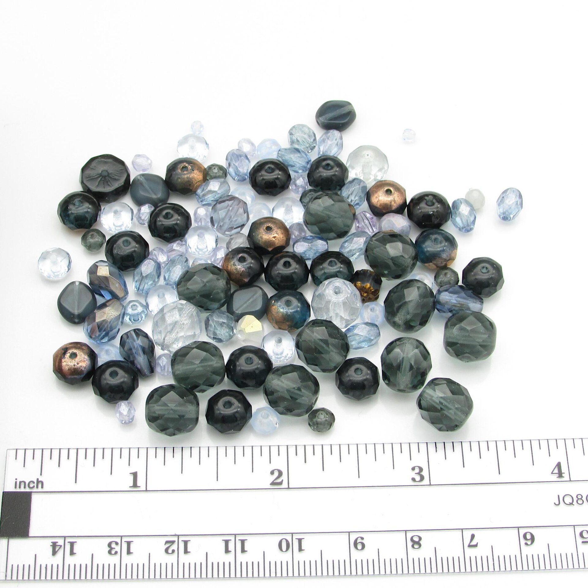 Montana blue bead mix, shown with a ruler for scale.