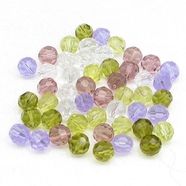 Five-color mix of ten millimeter faceted round glass beads (shades of green, yellow, pink, purple, and clear).