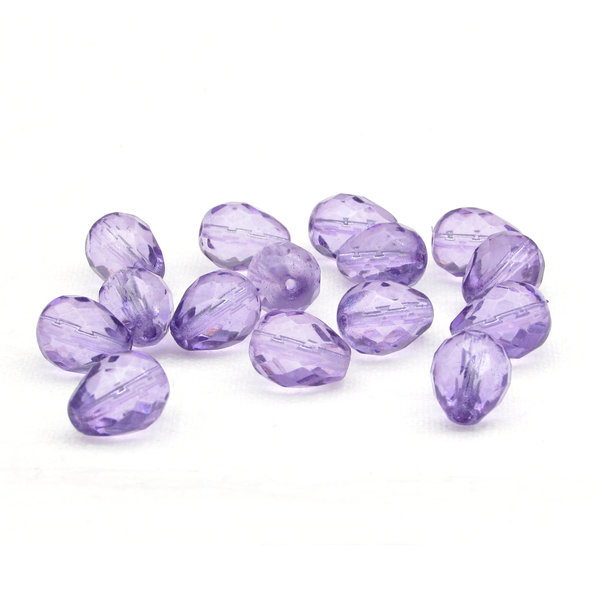 Violet 13x10mm faceted glass teardrop beads have lengthwise 1mm diameter hole. 