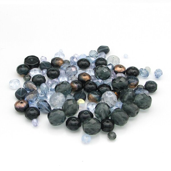 Montana blue bead mix has 95 assorted Czech fire polished beads in shades of smoky blue-gray, pale sapphire blue, and crystal. 